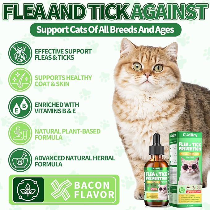 Flea &amp; Tick Support for Cats – Natural Herbal Drops with Multivitamin – Fleas and Ticks Comfort Formula for Cat All Breeds &amp; Ages – Bacon Flavor
