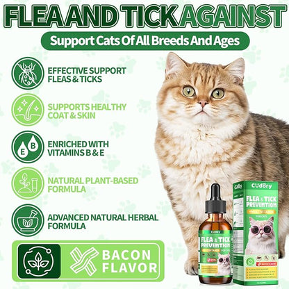 Flea &amp; Tick Support for Cats – Natural Herbal Drops with Multivitamin – Fleas and Ticks Comfort Formula for Cat All Breeds &amp; Ages – Bacon Flavor