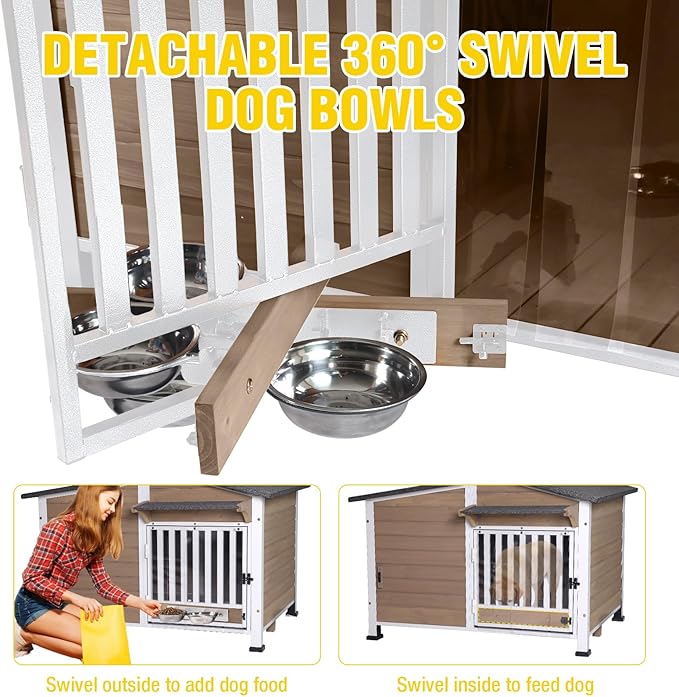 Chew-Resistant Dog House with Metal Frame, Wooden Kennel for Indoor &amp; Outdoor Use, Waterproof Roof &amp; Feeding Bowls Included (Brown, L)