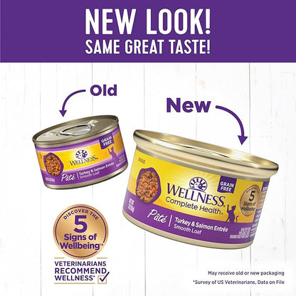 Wellness Complete Health Pate Adult Wet Cat Food, Natural, Protein-Rich, Grain Free, 3 Ounce, 24 Pack, (Turkey &amp; Salmon)