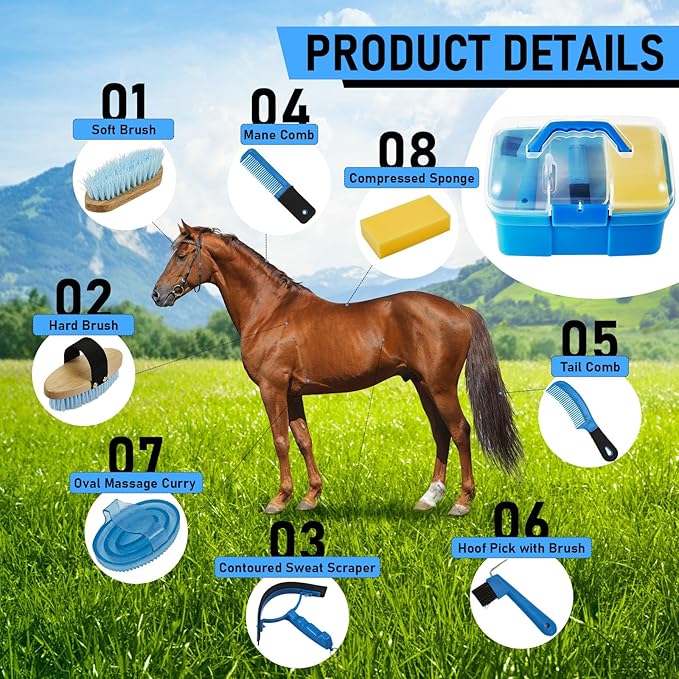 Cunhill 9 Pieces Horse Grooming Kit Tack Room Supplies Set with Organizer Tote Box, Oval Massage Curry, Hard and Soft Brush, Hoof Pick, Sweat Scraper, Bathing Sponge, Combs for Horse Riders Beginners