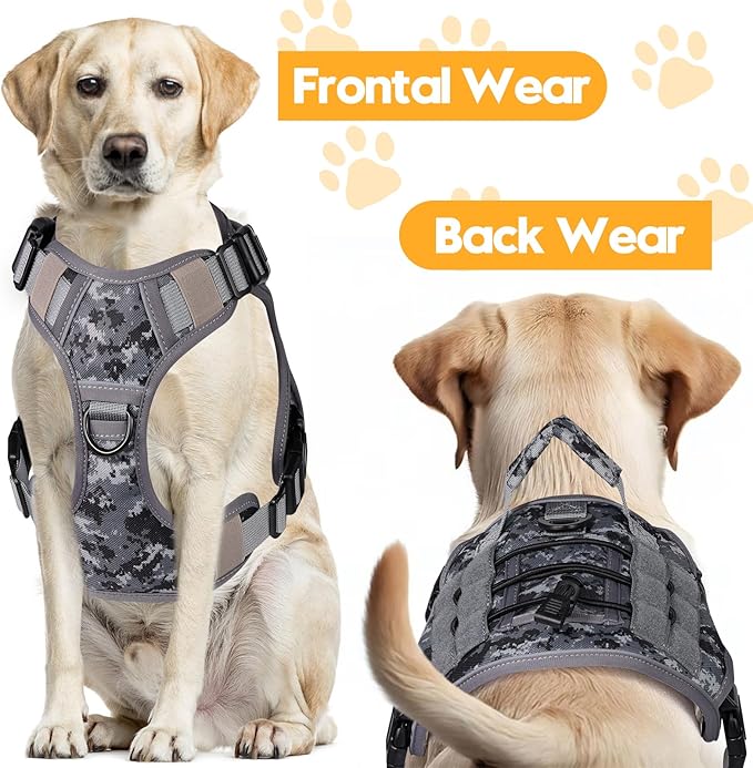 Heavy-Duty Tactical Dog Harness for Large Dogs, No Pull Adjustable Reflective Pet Vest with Molle System, K9 Military-Grade Control for Service Training, Outdoor &amp; 10+ Breeds, Gray Camo, Medium