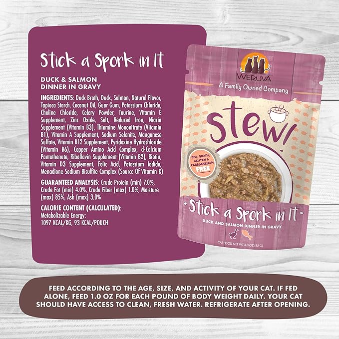 Weruva Classic Cat Stews, Stick A Spork in It with Duck &amp; Salmon in Gravy, 3oz Pouch (Pack of 12)