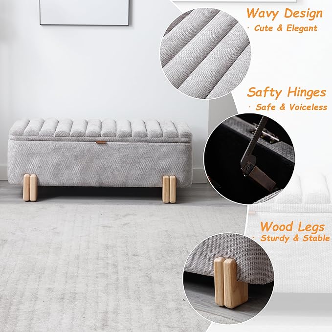 Kmax 45" Storage Bench Velvet Entryway Bench Upholstered Ottoman Bench with Wavy Top &amp; Safty Hinge for Bedroom Living Room Hallway, Grey