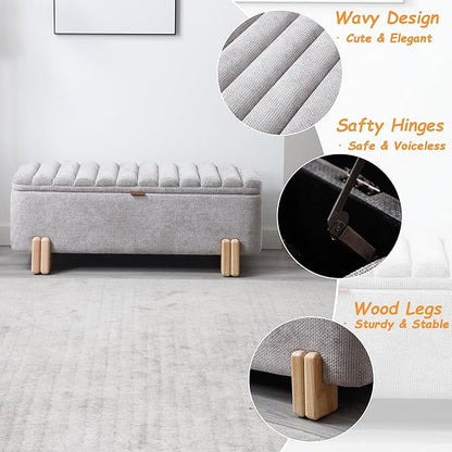 Kmax 45" Storage Bench Velvet Entryway Bench Upholstered Ottoman Bench with Wavy Top &amp; Safty Hinge for Bedroom Living Room Hallway, Grey