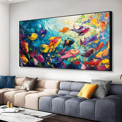 School of Fish Printed Canvas Wall Art – Framed Abstract Ocean Print – Vibrant Fish Wall Decor for Living Room, Bedroom, Office (Gold Framed, 39"x19"|100x50cm)