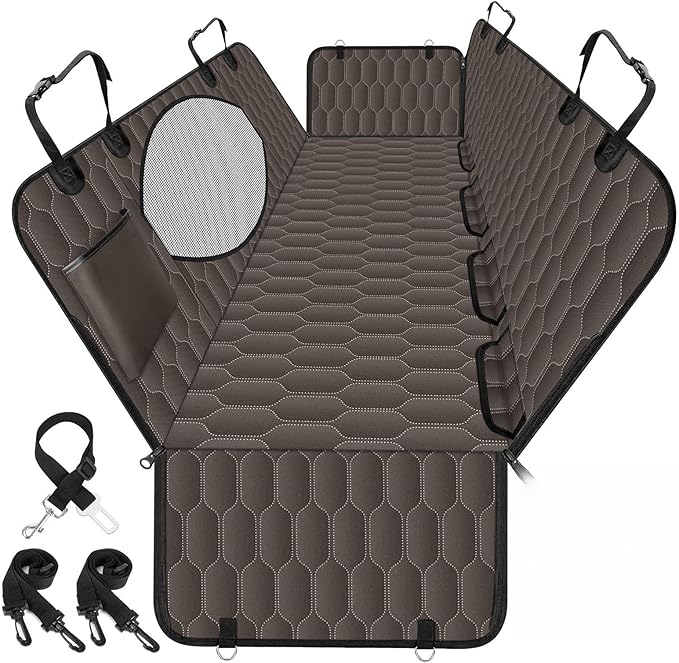 Waterproof Dog Car Seat Cover - Scratch Proof Nonslip Back Seat Hammock with Mesh Window &amp; Storage Pocket for SUVs/Trucks/Sedans-S, Brown/Black
