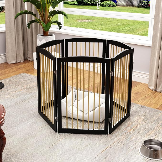 Freestanding Pet Gate for Dogs, Indoor Wooden Dog Gate for House, Extra Wide Dog gate, Foldable Dog Gate for Stair, Doorway, Hall, Support Feet Included, 120 Inch Wide, 6 Panels 32",Black&amp;Gold