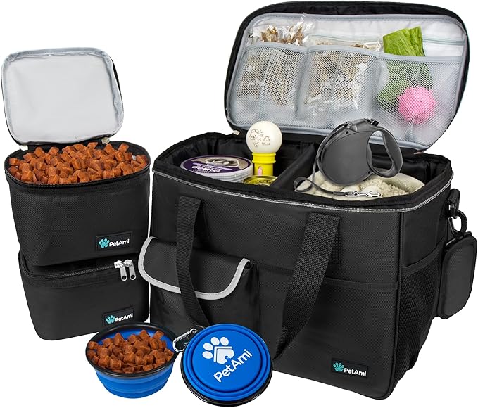 PetAmi Travel Bag Organizer - Dog &amp; Cat Diaper Bag with Food Container, Bowls &amp; Accessories for Weekend Camping