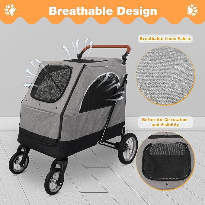 4 Wheel Pet Stroller with Storage Basket - Foldable &amp; Breathable with Mesh Skylight, Large Dog Stroller with Adjustable Handle - Ideal for Travel and Walking with Medium to Large Dogs, Up to 120 lbs