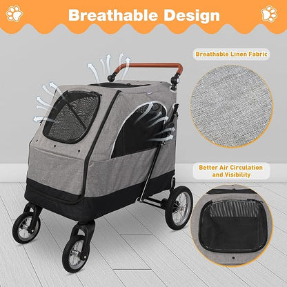 4 Wheel Pet Stroller with Storage Basket - Foldable &amp; Breathable with Mesh Skylight, Large Dog Stroller with Adjustable Handle - Ideal for Travel and Walking with Medium to Large Dogs, Up to 120 lbs