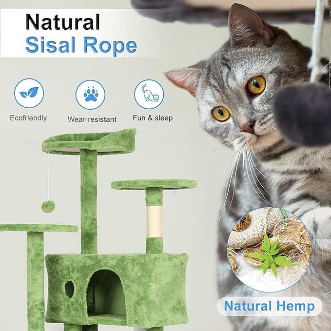 FDW Cat Tree 70in Cat Tower Multi-Level Durable Cat Scratching Post &amp; Cozy Fun Cat Jumping Platform Space Saving Cat Condo Pet Play House for Indoor Cats,Green