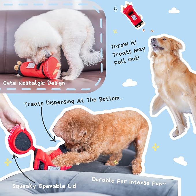 British Postbox Treat-Dispensing Soft Plush Squeaky Pet Toy - Iconic UK Enrichment Gift, Durable Cute &amp; Fun Toy for Interactive Play, Hide Food for Nose-Work Puzzle, Small Medium Dogs