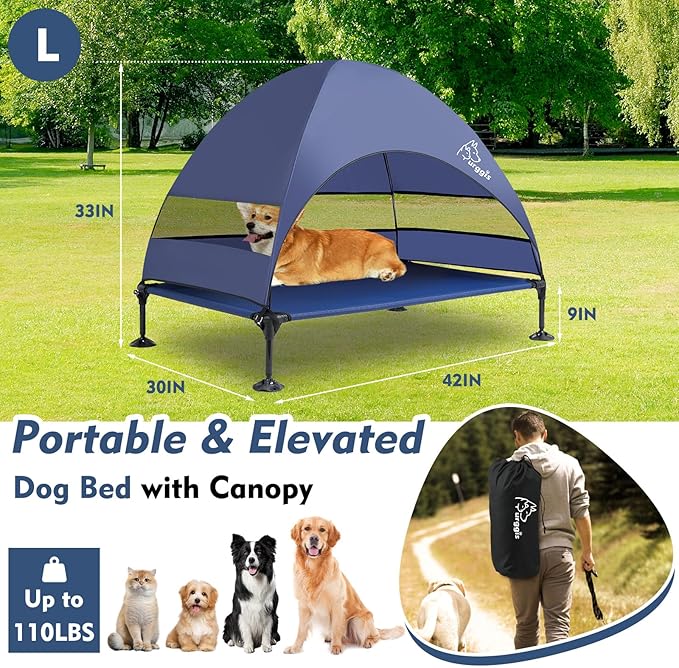 Upgraded Elevated Dog Bed with Canopy, Portable Raised Outdoor Dog Bed with Stable Anti-Slip Feet, Wider Shade Pet Bed Cot, Raised Dog Beds for Large Dogs Camping, Indoor &amp; Outdoor Use