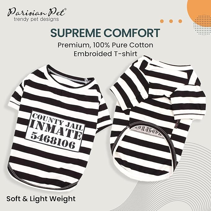 Parisian Pet XL Dog Shirt - Lightweight, Sleeved Black &amp; White Stripes for Large Dogs - 100% Cotton &amp; Polyester - Prisoner Dog Costume