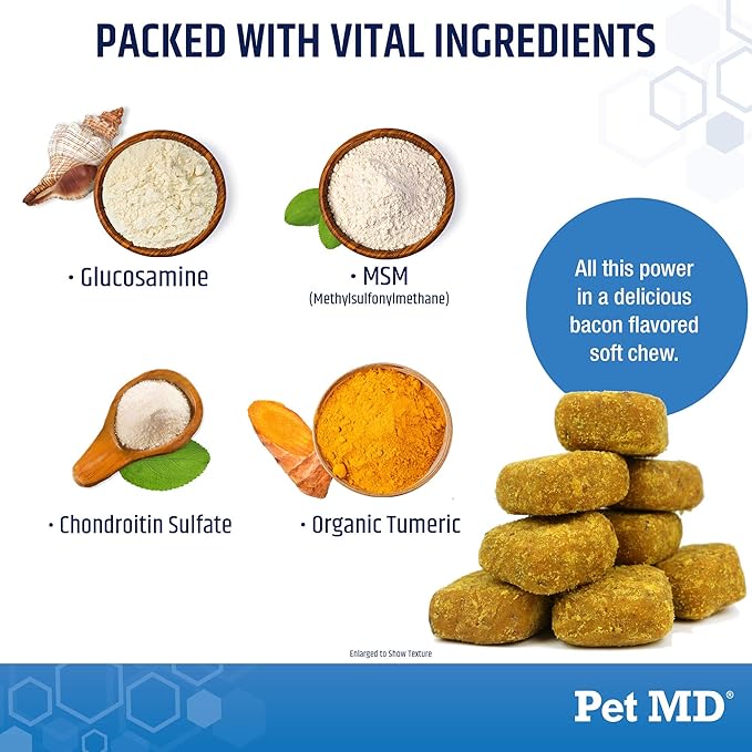 Pet MD Glucosamine for Dogs | Dog Joint Supplement with Glucosamine, Chondroitin &amp; MSM - Inflammatory Pain Relief Chews for Hip &amp; Joints - Bacon Flavored - Includes Yucca &amp; Turmeric - 120 Ct