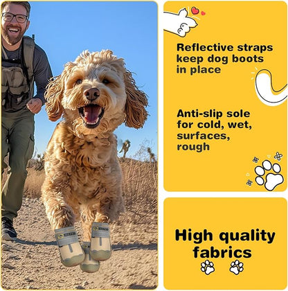 Hcpet Dog Shoes for Large Dogs, Waterproof Dog Booties for Small Medium Dogs, Anti-Slip Dog Boots &amp; Paw Protectors for Hot Pavement Winter Snow Hiking with Reflective Straps Khaki Size 1