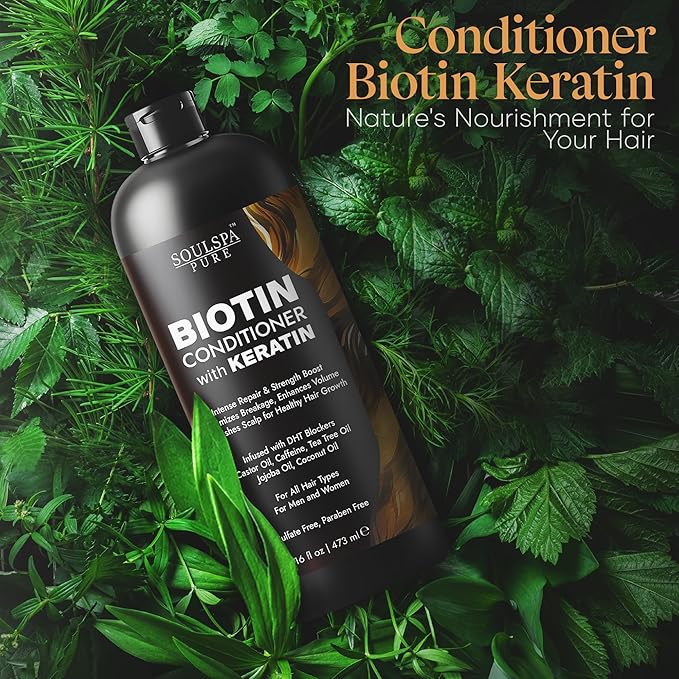 Biotin Conditioner with Keratin - Intense Repair &amp; Strength Boost Formula - Nourishes Scalp for Healthy Hair Growth, with Tea Tree Oil &amp; DHT Blockers, for Men &amp; Women, 16 fl oz - SOULSPA PURE