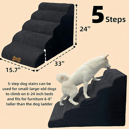 Dog Stairs &amp; Pet Ramp for Small/Large Dogs to High Beds/Couches - 5 Steps 24-inch Height for 18-30 inch Furniture, 2 Washable Covers (Black, Grey), Non-Slip Balanced 33D Design for Old Dogs &amp; Cats