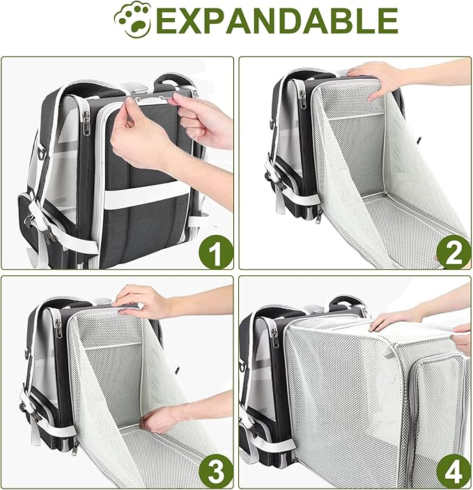 Texsens Cat Backpack - Expandable Pet Carrier for Medium Cats and Small Dogs up to 17 lbs - Breathable, Collapsible &amp; Soft Cat Travel Bag for Outdoor Hiking (Black)