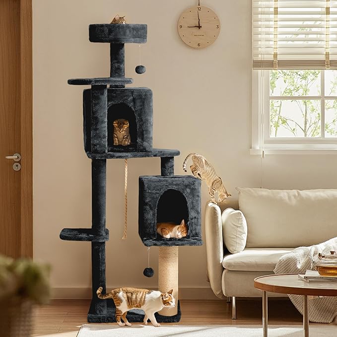 59in Large Cat Tree Tower for Indoor Cats with Soft Plush Hang Ball, Two Condos, Sisal Scratch Posts &amp; Rope Play for Kittens/Adult Cats, New Dark Grey