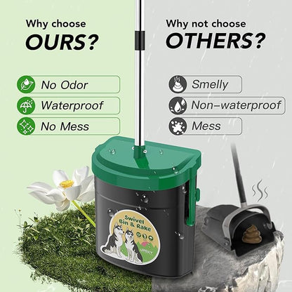 UPSKY Dog Pooper Scooper Swivel Bin &amp; Rake Kit with 100 Waste Bags,33.4" Stainless Steel Long Handle Heavy Duty Pet Poop Shovel for Large Medium Small Dogs, Odor-Proof Lid for Yard/Lawn/Outdoor Use