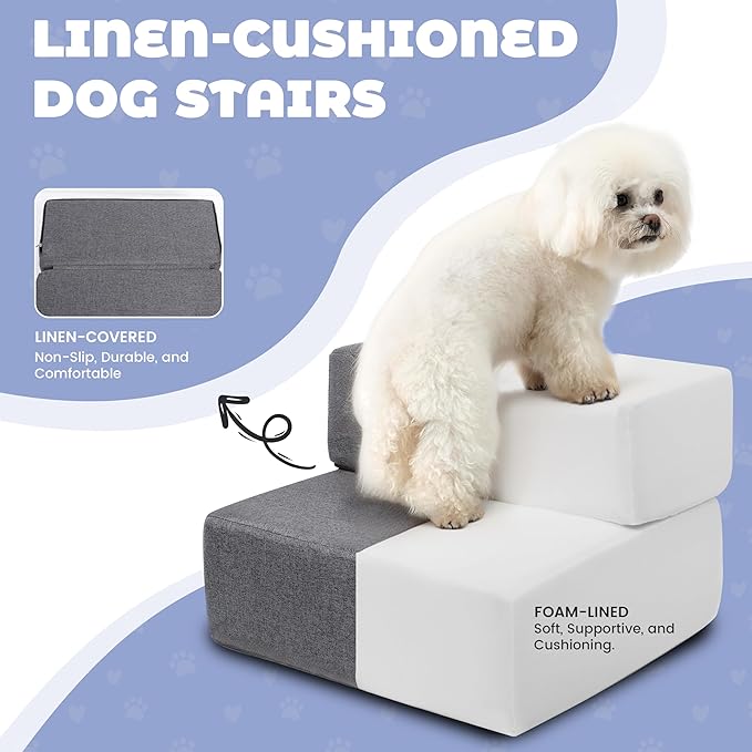 Foldable 18 Inch Wide Dog Stairs for Small Dogs, 12 Inch Height Foam Dog Steps for Bed &amp; Couch, Linen Covered Pet Stairs for Dogs to Get on Bed, Indoor Foam Pet 2 Steps for for Cat and Puppy