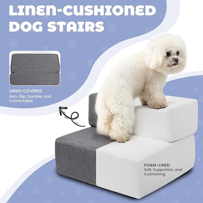 Foldable 18 Inch Wide Dog Stairs for Small Dogs, 12 Inch Height Foam Dog Steps for Bed &amp; Couch, Linen Covered Pet Stairs for Dogs to Get on Bed, Indoor Foam Pet 2 Steps for for Cat and Puppy