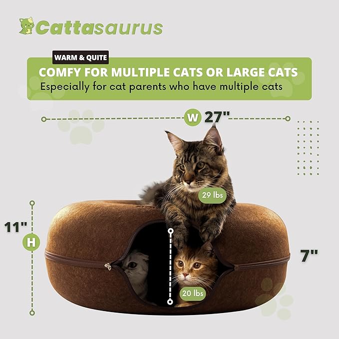 Cattasaurus Peekaboo Cat Cave for Multiple &amp; Large Cats Up to 30-45 Lbs, Scratch Detachable &amp; Washable Tunnel Bed, Comfy Donut Cat Cave (Brown, Jumbo)