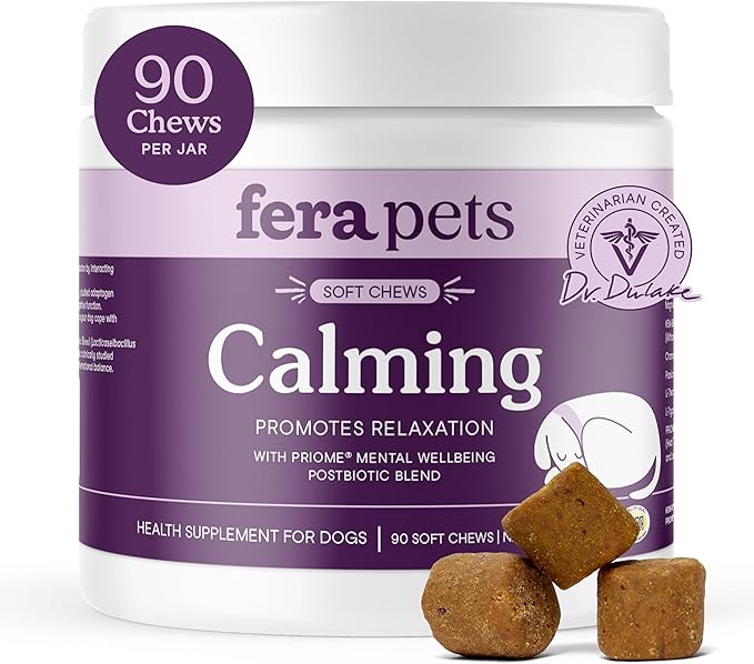 Fera Pets Dog Calming Chews with Ashwagandha &amp; Priome® Mental Wellbeing Postbiotic Blend - Supports Anxiety Relief - Promotes Relaxation - 90 Soft Chews