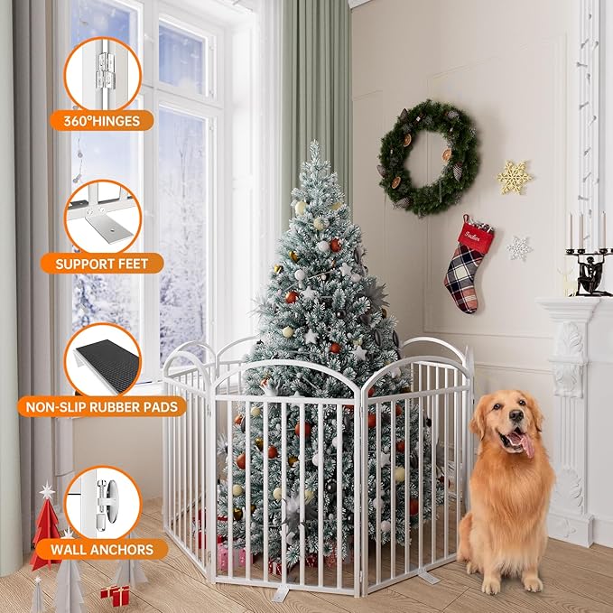 8 Panles Full Matel Freestanding Dog Gates with Door, 192"Extra Wide 32"Tall Free Standing Dog Pet Gate for Indoor &amp; Outdoor. Foldable Pet Fences for Doorways, House, Stairs, Porch, Deck, Yard
