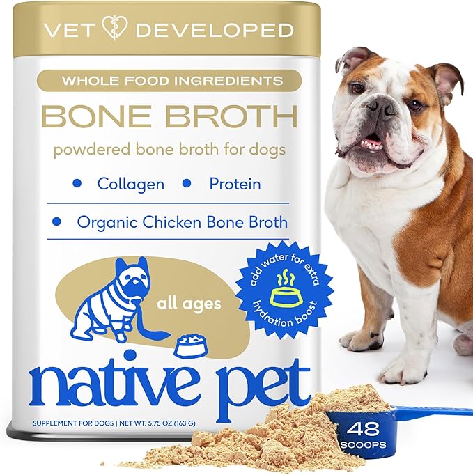 Native Pet Bone Broth for Dogs and Cats - Chicken Bone Broth Powder Dog Food Toppers for Picky Eaters - Provides Extra Nutrition for Joint Strength, Immune Support &amp; Heart Health - 48 Scoops