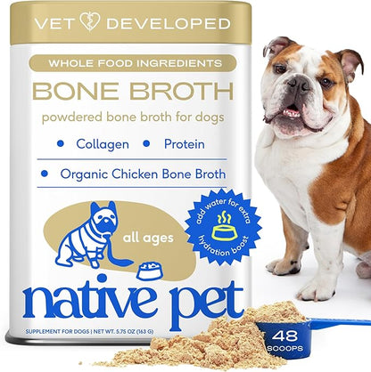 Native Pet Bone Broth for Dogs and Cats - Chicken Bone Broth Powder Dog Food Toppers for Picky Eaters - Provides Extra Nutrition for Joint Strength, Immune Support &amp; Heart Health - 48 Scoops
