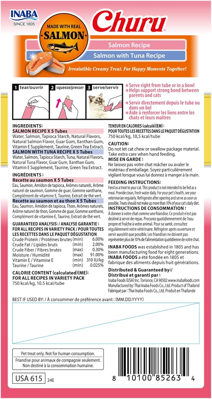 INABA Salmon Churu Cat Treats, Lickable, Squeezable Creamy Purée Cat Treat with Green Tea Extract &amp; Taurine, 0.5 Ounces Each Tube, 10 Tubes, Salmon &amp; Tuna Variety