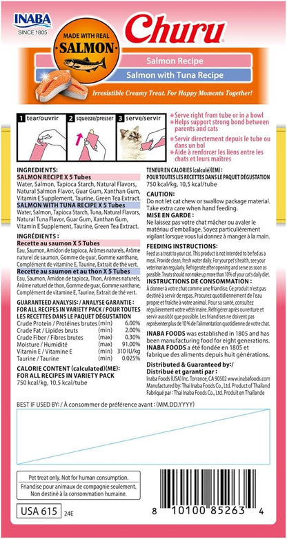 INABA Salmon Churu Cat Treats, Lickable, Squeezable Creamy Purée Cat Treat with Green Tea Extract &amp; Taurine, 0.5 Ounces Each Tube, 10 Tubes, Salmon &amp; Tuna Variety