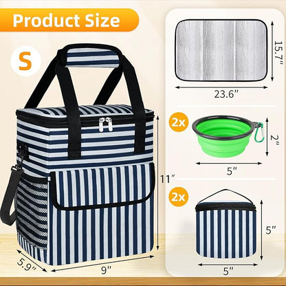 Dog Travel Bag for Camping - Pet Travel Accessories with 2 Collapsible Bowls, 2 Food Containers &amp; Waterproof Feeding Mat - Portable Dog Carrier, Stripe (Small)