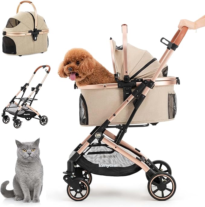 Kenyone 3-in-1 Pet Stroller for Small Medium Dogs Puppy Cat Stroller with Detachable Carrier &amp; Pad Lightweight Foldable Aluminum Alloy Frame Dual No-Zip Entry(Khaki)