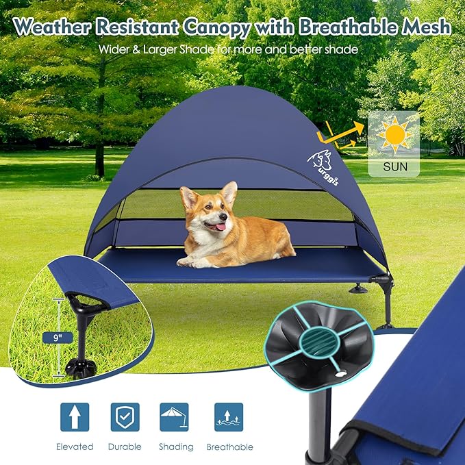 Upgraded Elevated Dog Bed with Canopy, Portable Raised Outdoor Dog Bed with Stable Anti-Slip Feet, Wider Shade Pet Bed Cot, Raised Dog Beds for Large Dogs Camping, Indoor &amp; Outdoor Use