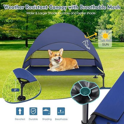 Upgraded Elevated Dog Bed with Canopy, Portable Raised Outdoor Dog Bed with Stable Anti-Slip Feet, Wider Shade Pet Bed Cot, Raised Dog Beds for Large Dogs Camping, Indoor &amp; Outdoor Use