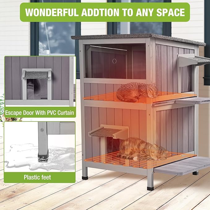 GUTINNEEN Outdoor Heated Cat House for Winter, Weatherproof Wooden Feral Cat Shelter with Escape Door, Heating Pad &amp; Removable Mat(AIR14-Heated)