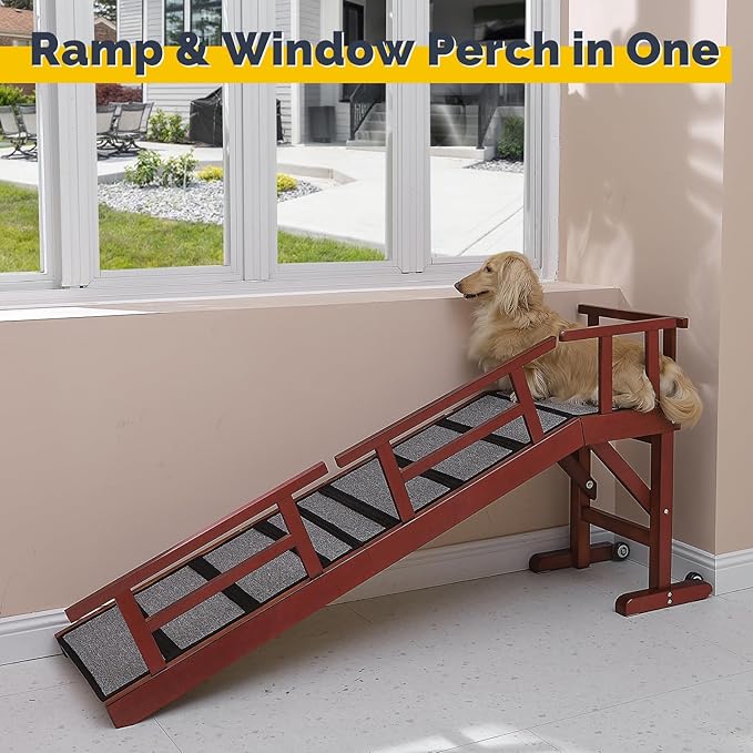 Dog Ramp for Bed or Couch, Wooden Pet Ramp with 20° Gentle Slope, Removable Side Rails, Non-Slip Surface, Top Platform &amp; Wheels, Safe Bed Ramp for Small, Medium &amp; Senior Dogs, 60" Long, Mahogany