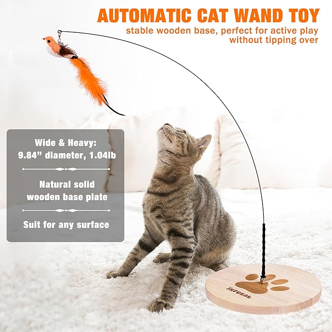 JXFUKAL Interactive cat Toy, Automatic Cat Wand Toy with Stable Wooden Base, 2 PCS Detachable Cat Teaser, 5PCS Refills Replacement &amp; Hanging Cat Toy, Kitty Kitten Toys Cat Feather Spring String Toy