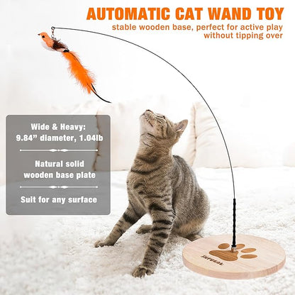 JXFUKAL Interactive cat Toy, Automatic Cat Wand Toy with Stable Wooden Base, 2 PCS Detachable Cat Teaser, 5PCS Refills Replacement &amp; Hanging Cat Toy, Kitty Kitten Toys Cat Feather Spring String Toy