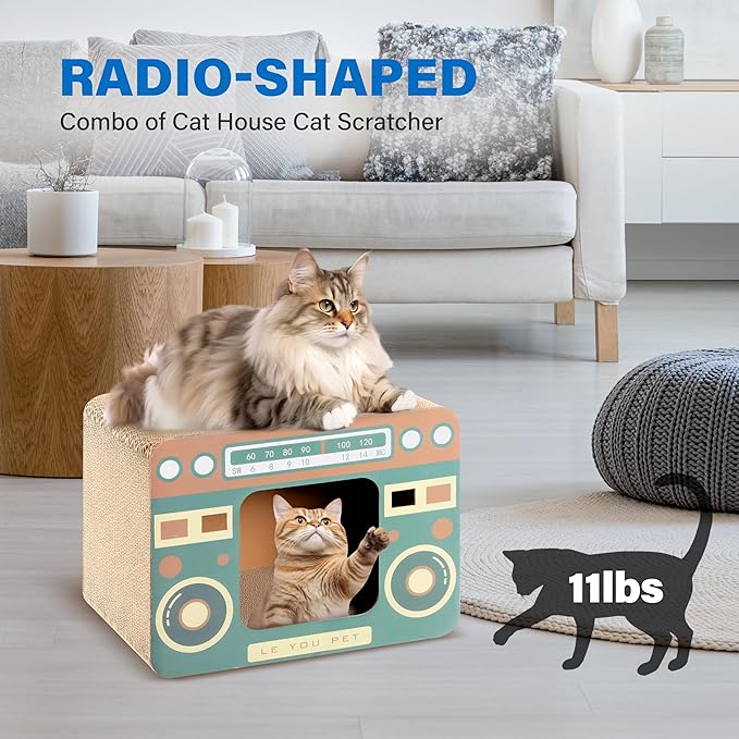 Radio Cat Scratcher Cardboard Lounge Bed - Durable Pads Prevent Furniture Damage - Cat Scratchers &amp; Play House for Indoor Cats - Corrugated Scratcher Box Toy for Cat Birthday