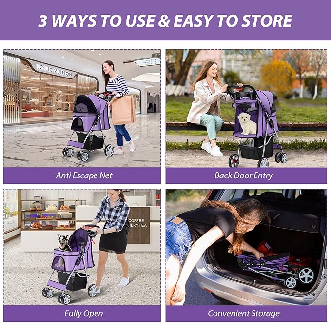 4 Wheels Pet Stroller for Small Medium Dogs Cats 10-33 lbs, Foldable Dog and Cat Stroller with Cup Holder &amp; Storage Basket &amp; Breathable Mesh, Pet Strolling Cart for All-Season, Purple