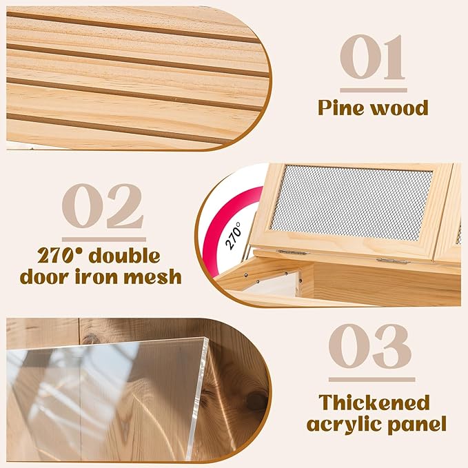Hamster Cage 40 Inch Wooden Chewproof, 270° View Habitat with Bite-Proof Metal Mesh &amp; Dual Access Doors, Acrylic Sheets &amp; Solid Build for Dwarf Syrian Hamsters/Gerbils/Guinea Pigs/Chinchillas