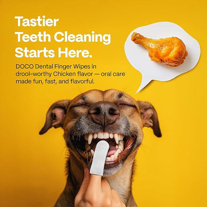 DOCO Dog Teeth Cleaning Wipes Dental Finger Wipes for Cats &amp; Dogs Remove Plaque &amp; Tartar, Freshen Breath, No Rinse, Easy &amp; Effective Pet Tooth Cleaning Kit for Oral Care, Chicken Flavor, 100 Count