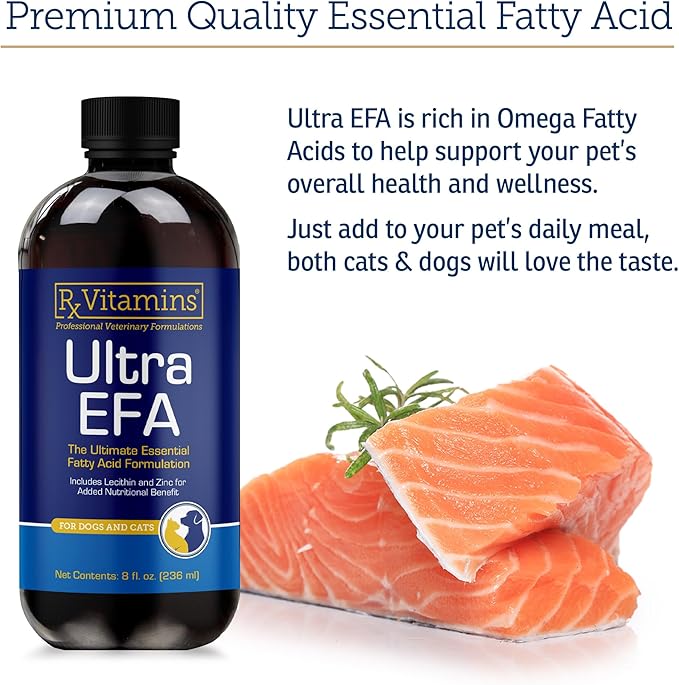 Rx Vitamins Ultra EFA Omega 3 Fish Oil for Dogs &amp; Cats - Promotes Heart, Brain, and Joint Health with Vitamin E, Biotin, and Zinc - Liquid Fish Oil for Itch Relief, Dog Shedding, Coat Health - 8 oz