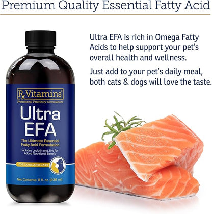 Rx Vitamins Ultra EFA Omega 3 Fish Oil for Dogs &amp; Cats - Promotes Heart, Brain, and Joint Health with Vitamin E, Biotin, and Zinc - Liquid Fish Oil for Itch Relief, Dog Shedding, Coat Health - 8 oz