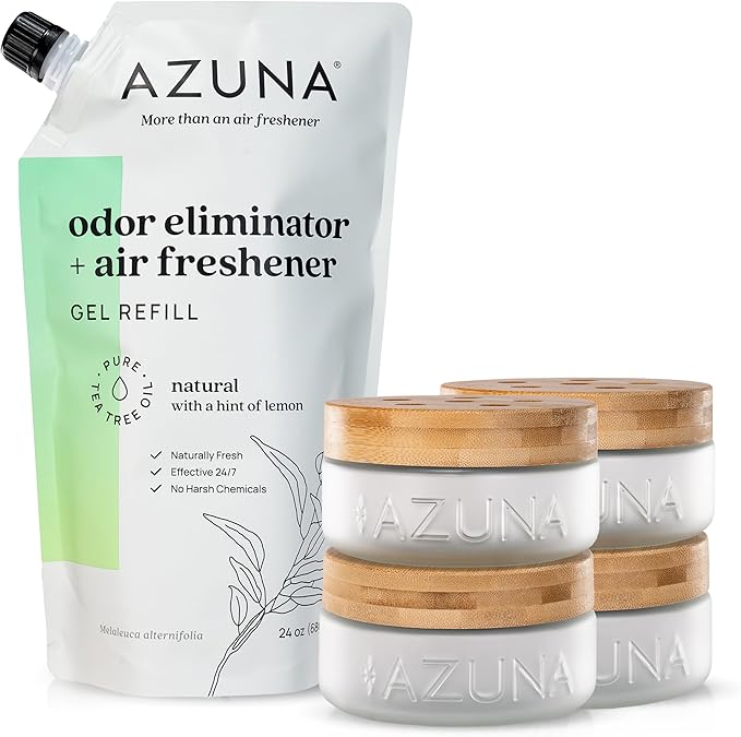Azuna Air Freshener &amp; Odor Eliminator for Strong Odor | 4 Room Kit Includes (4) 8 oz. Empty Luxe Glass Jars &amp; 24oz Gel | Refill with Tea Tree Essential Oil | Natural Scent | Last 60-90 Days